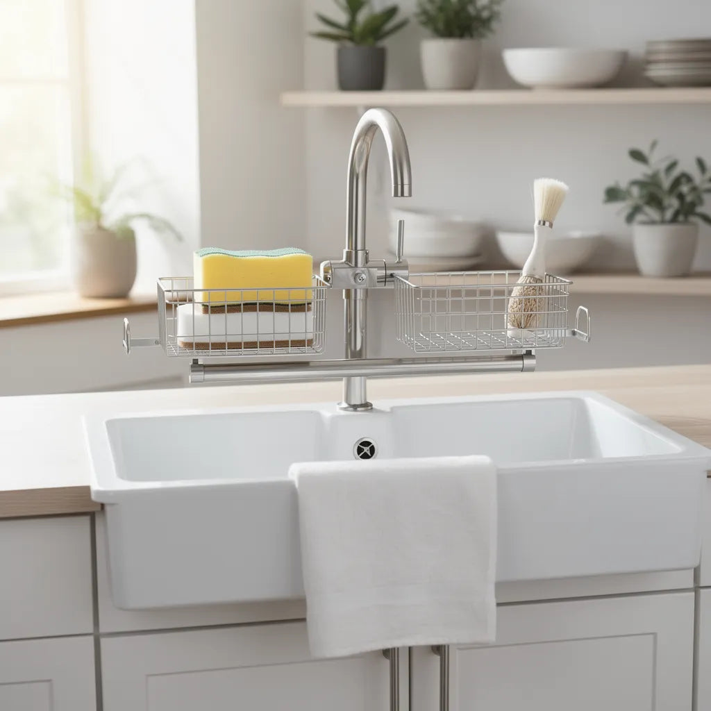 Organizador porta esponja alumínio prata em cozinha nórdica minimalista - Vittara Decor