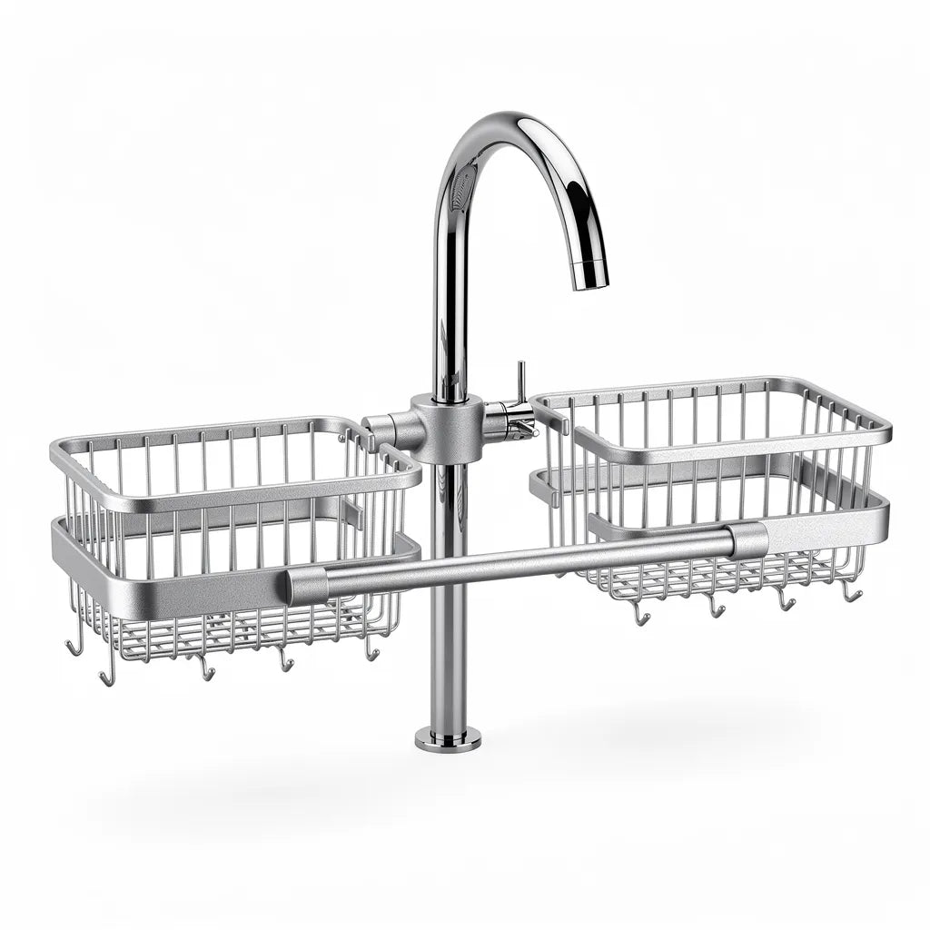 Organizador porta esponja alumínio prata montado em torneira - Vittara Decor