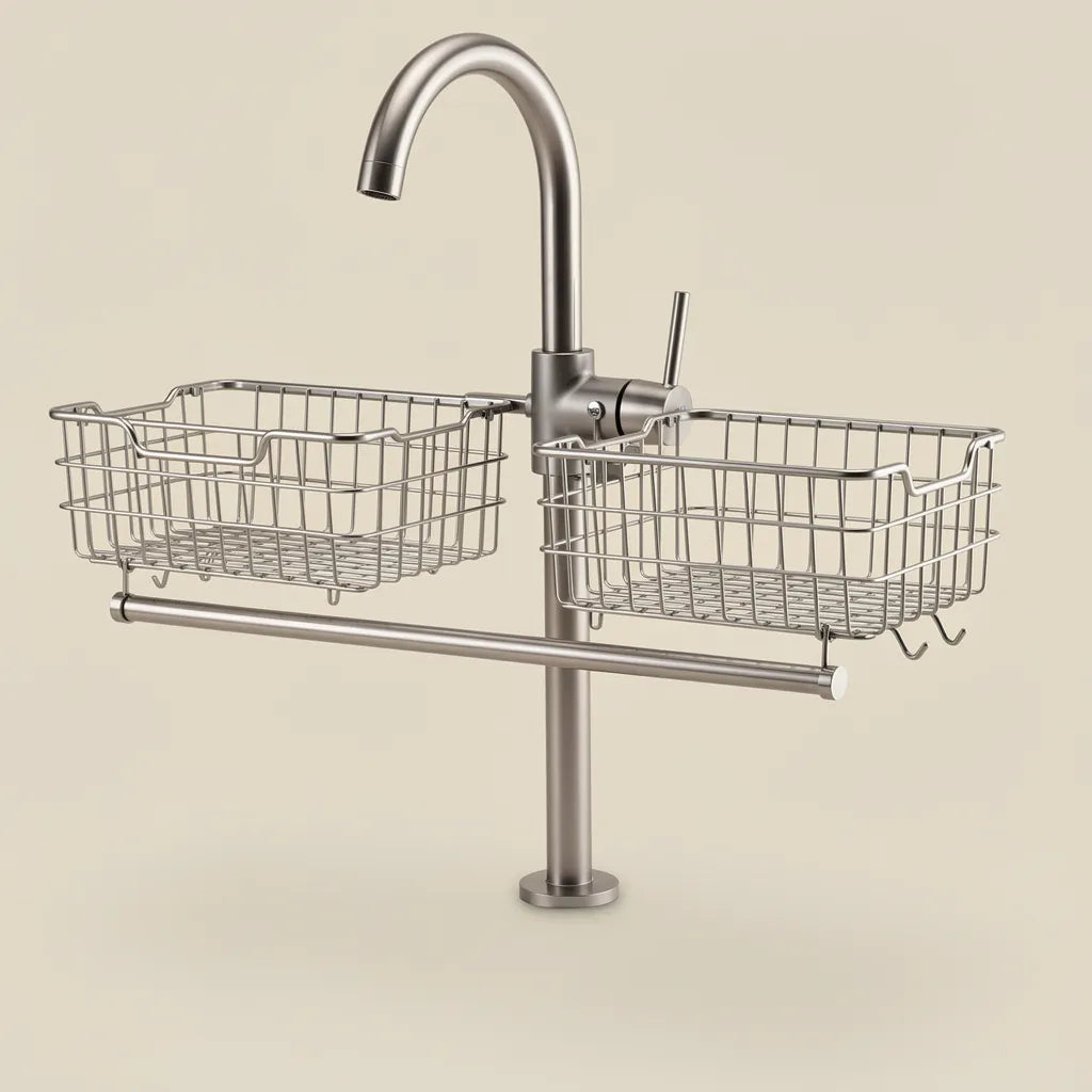 Organizador porta esponja alumínio prata montado em torneira neutra - Vittara Decor