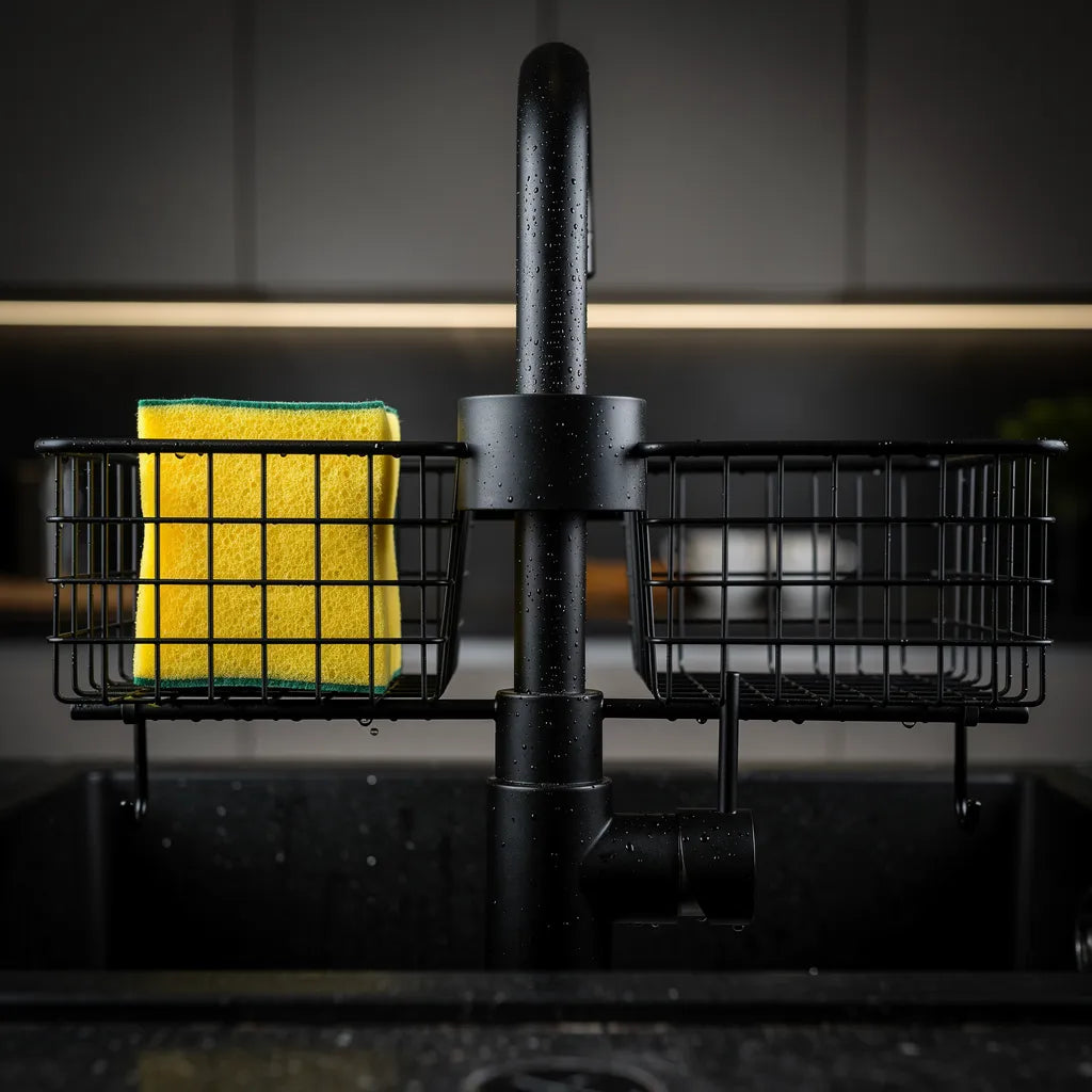 Detalhe do encaixe do organizador porta esponja alumínio preto na torneira - Vittara Decor