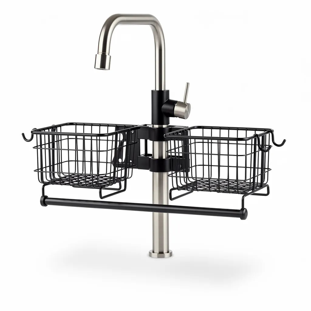 Organizador porta esponja alumínio preto montado em torneira - Vittara Decor