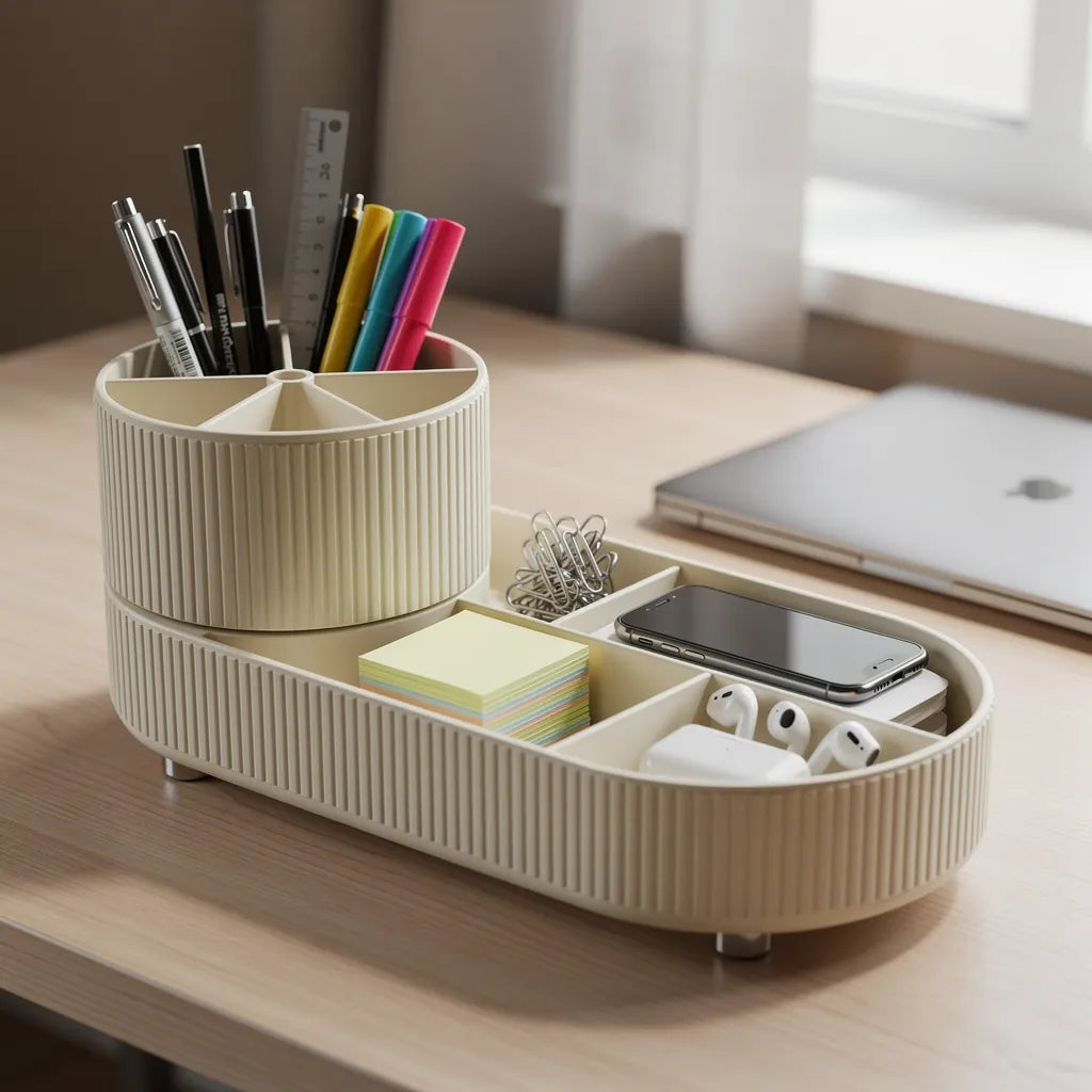 Organizador porta pincéis bege usado como organizador de escrivaninha com canetas lápis e papelaria - Vittara Decor