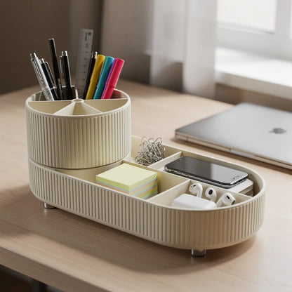 Organizador porta pincéis bege usado como organizador de escrivaninha com canetas lápis e papelaria - Vittara Decor