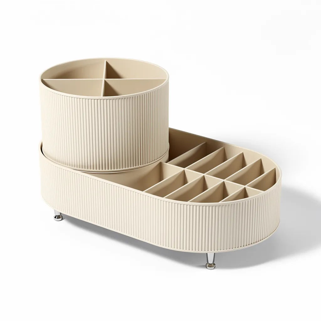 Organizador porta pincéis bege creme vazio em fundo branco mostrando cilindro rotativo com 4 compartimentos e bandeja oval com divisórias - Vittara Decor