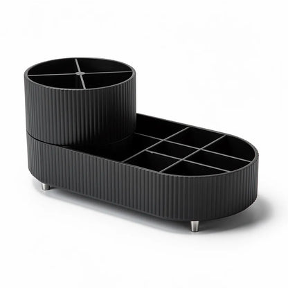 Organizador porta pincéis preto fosco vazio em fundo branco mostrando cilindro rotativo 360° e bandeja oval com divisórias retangulares - Vittara Decor