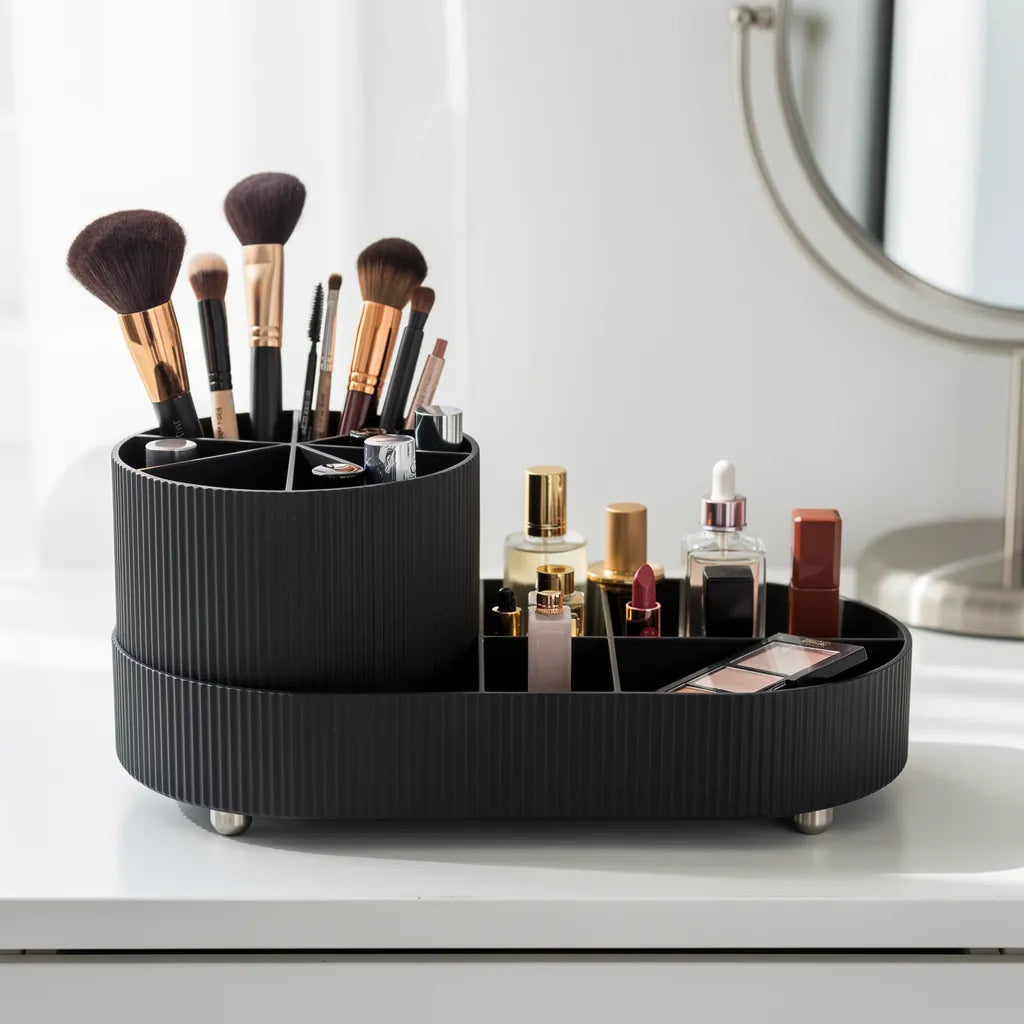 Organizador porta pincéis de maquiagem preto fosco com cilindro rotativo e bandeja oval sobre penteadeira branca - Vittara Decor