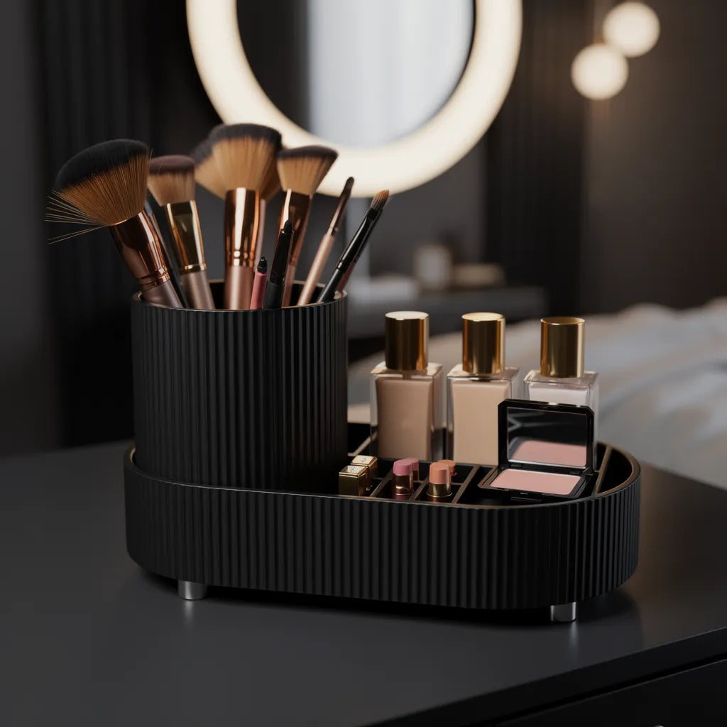 Organizador porta pincéis preto fosco em penteadeira escura com espelho iluminado setup glam com pincéis dourados - Vittara Decor