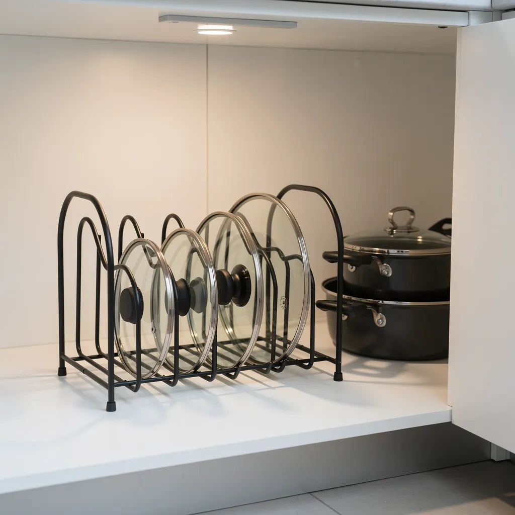 Organizador porta tampas preto dentro de gabinete branco aberto com tampas organizadas e panelas ao lado - Vittara Decor