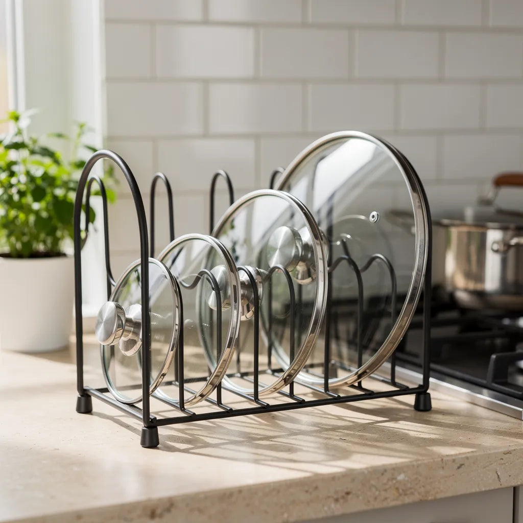 Organizador porta tampas de panelas em arame preto com tampas de vidro em bancada de cozinha com azulejo branco - Vittara Decor