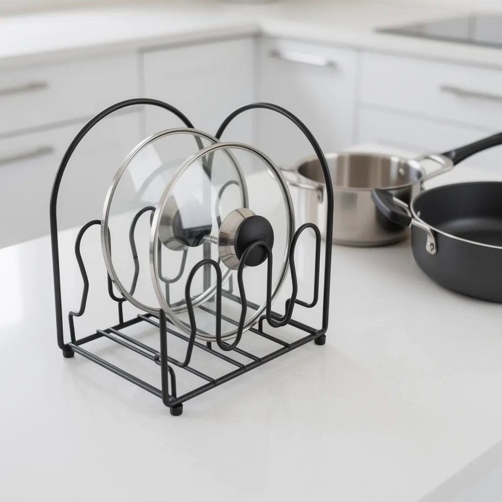 Organizador porta tampas preto com tampas de vidro em bancada branca de cozinha moderna com panelas e frigideira ao fundo - Vittara Decor