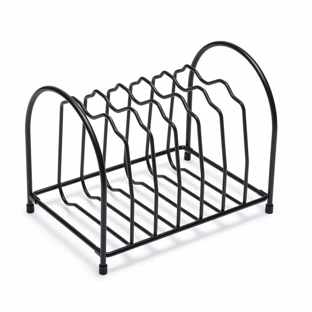 Organizador porta tampas para panelas em arame preto fosco vazio com 6 slots fundo branco - Vittara Decor