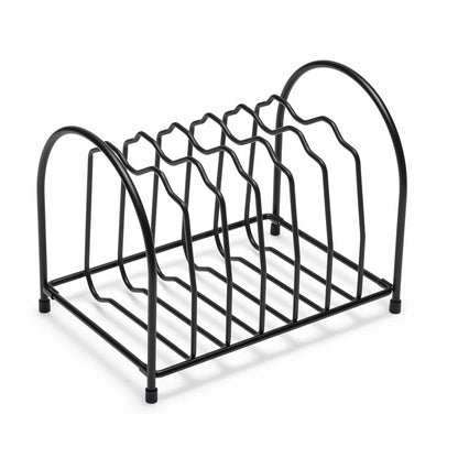 Organizador porta tampas para panelas em arame preto fosco vazio com 6 slots fundo branco - Vittara Decor
