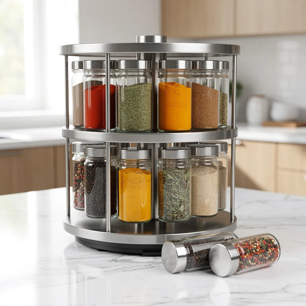 Porta temperos giratório em inox com 12 potes de vidro na bancada da cozinha - Vittara Decor