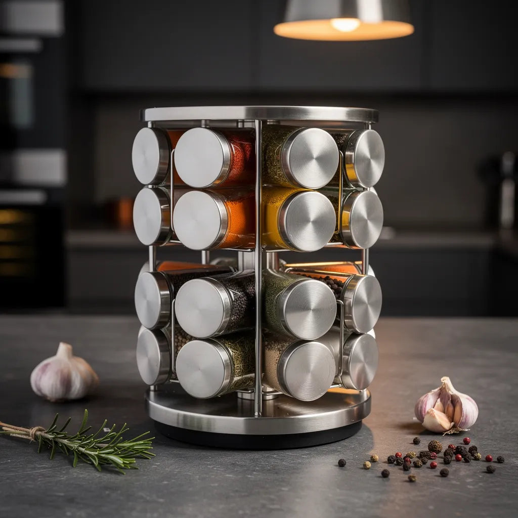 Porta temperos giratório em inox em bancada de pedra escura com temperos e ervas - Vittara Decor