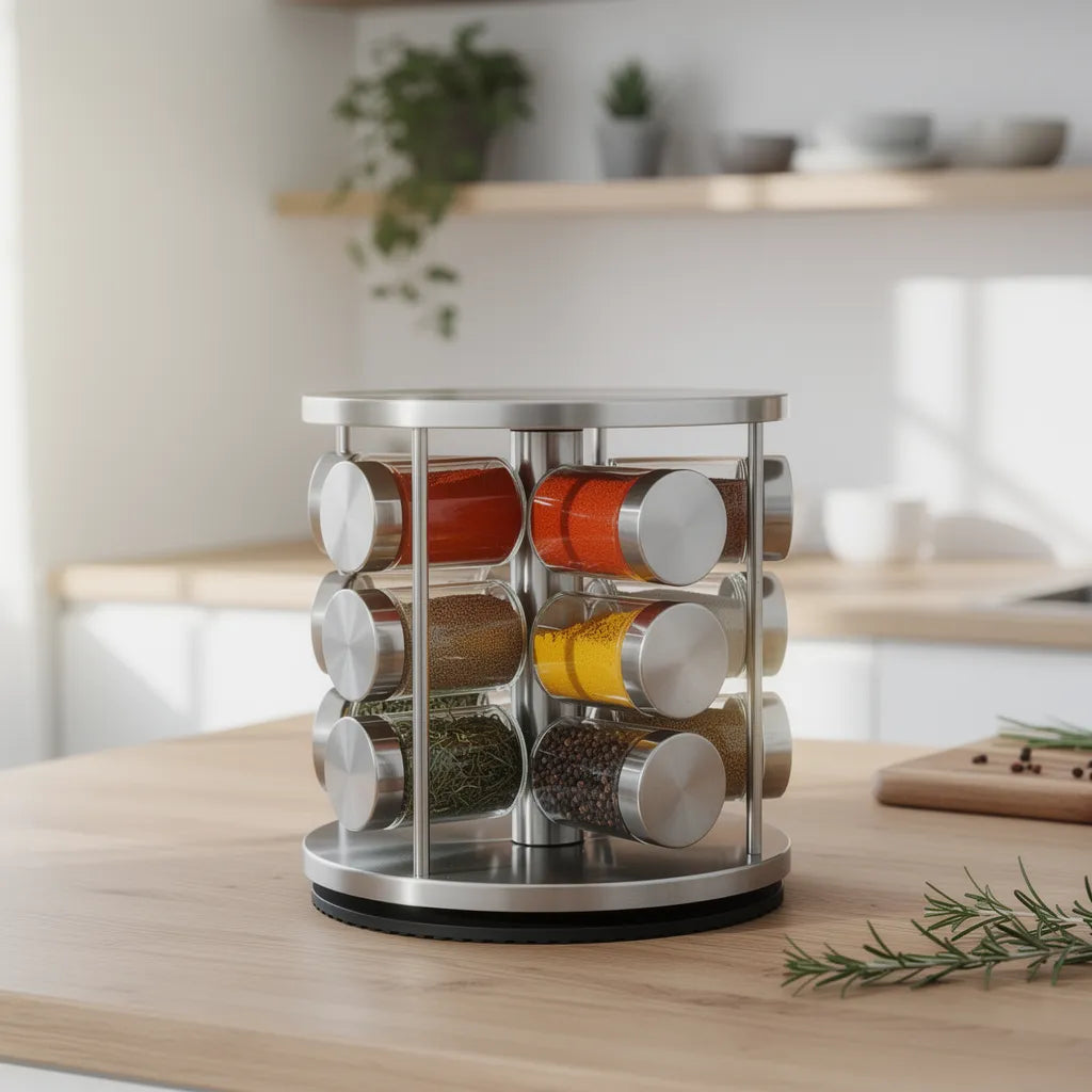 Porta temperos giratório em inox em cozinha nórdica minimalista - Vittara Decor