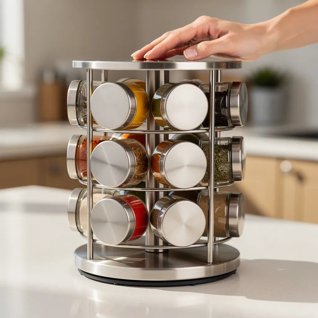 Mão girando o porta temperos giratório em inox com 12 potes na bancada - Vittara Decor