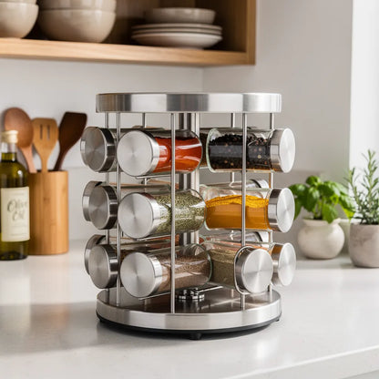 Porta temperos giratório em inox organizado no canto da cozinha com outros utensílios - Vittara Decor