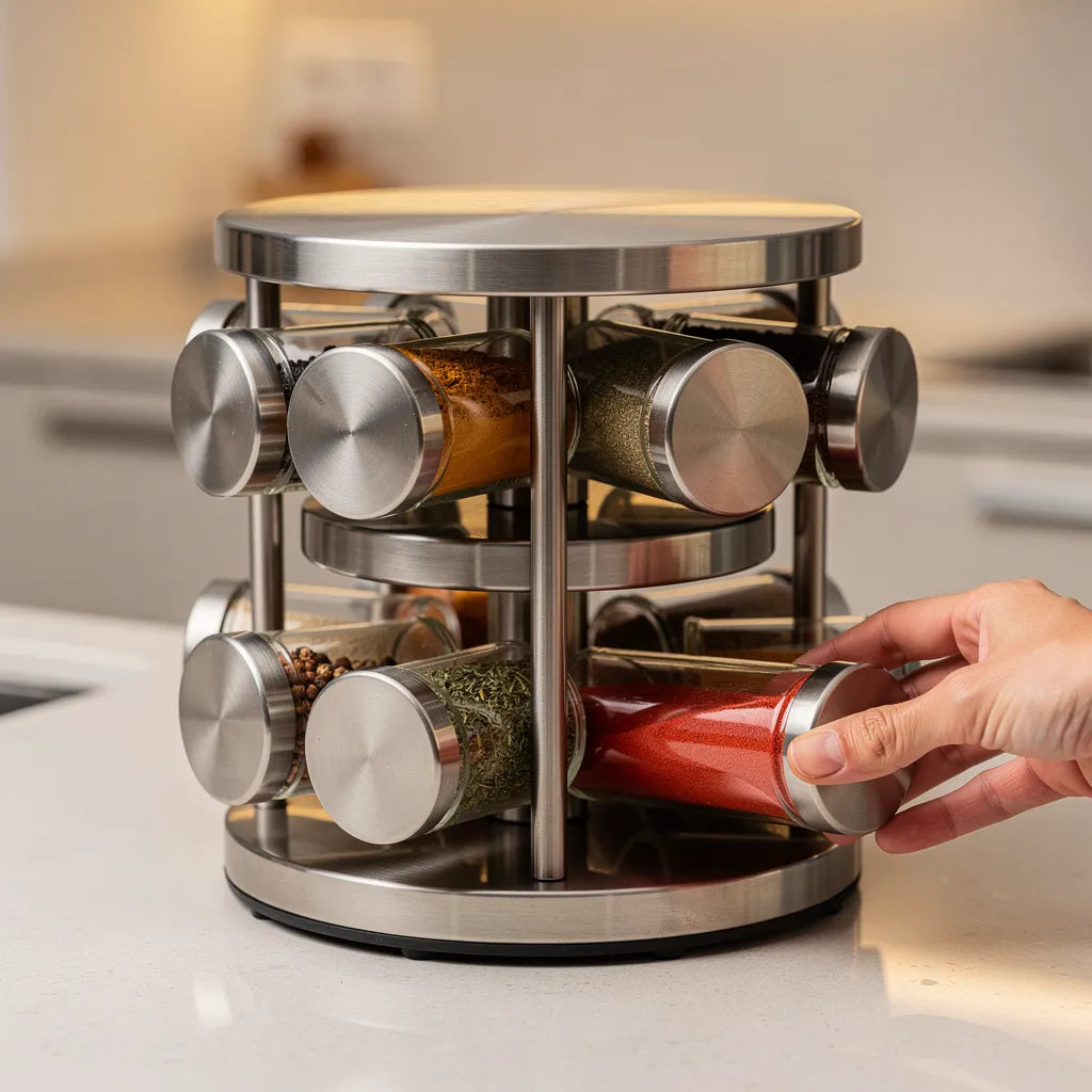 Removendo pote de vidro do porta temperos giratório em inox mostrando fácil acesso - Vittara Decor