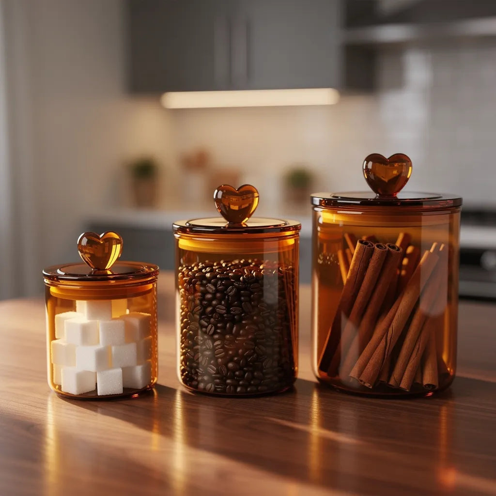 Conjunto de potes de vidro herméticos âmbar sobre mesa de madeira com luz quente de tarde - Vittara Decor