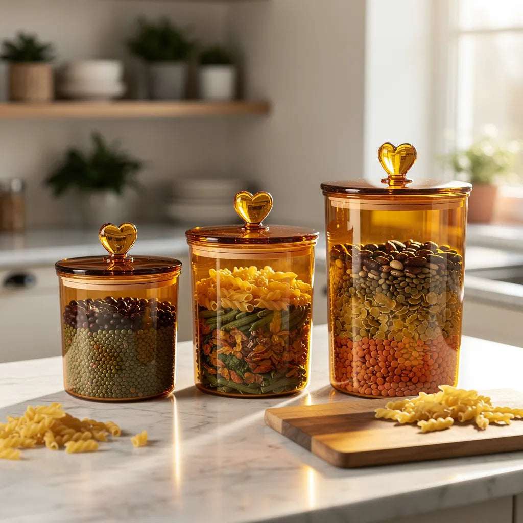 Três potes de vidro herméticos âmbar em bancada de cozinha nórdica com luz natural - Vittara Decor