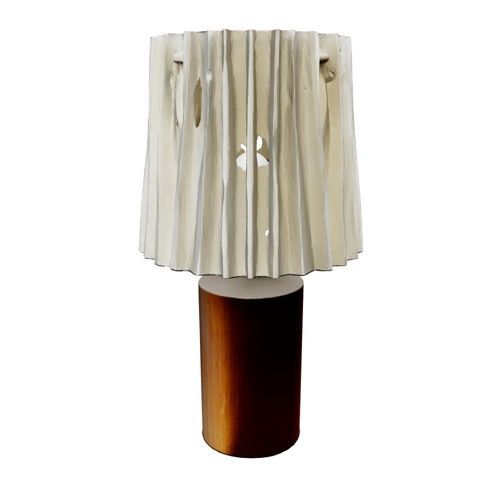 Abajur de mesa com base cilíndrica de madeira e cúpula plissada, modelo 3D para girar e ver a peça