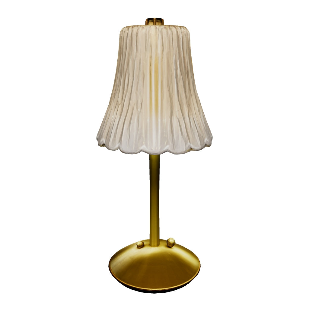 Luminaria de mesa sem fio dourada com cupula plissada, modelo 3D para girar e ver a peca