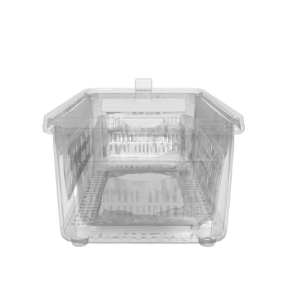 Organizador de geladeira transparente com cesto deslizante, modelo 3D para girar e ver a estrutura