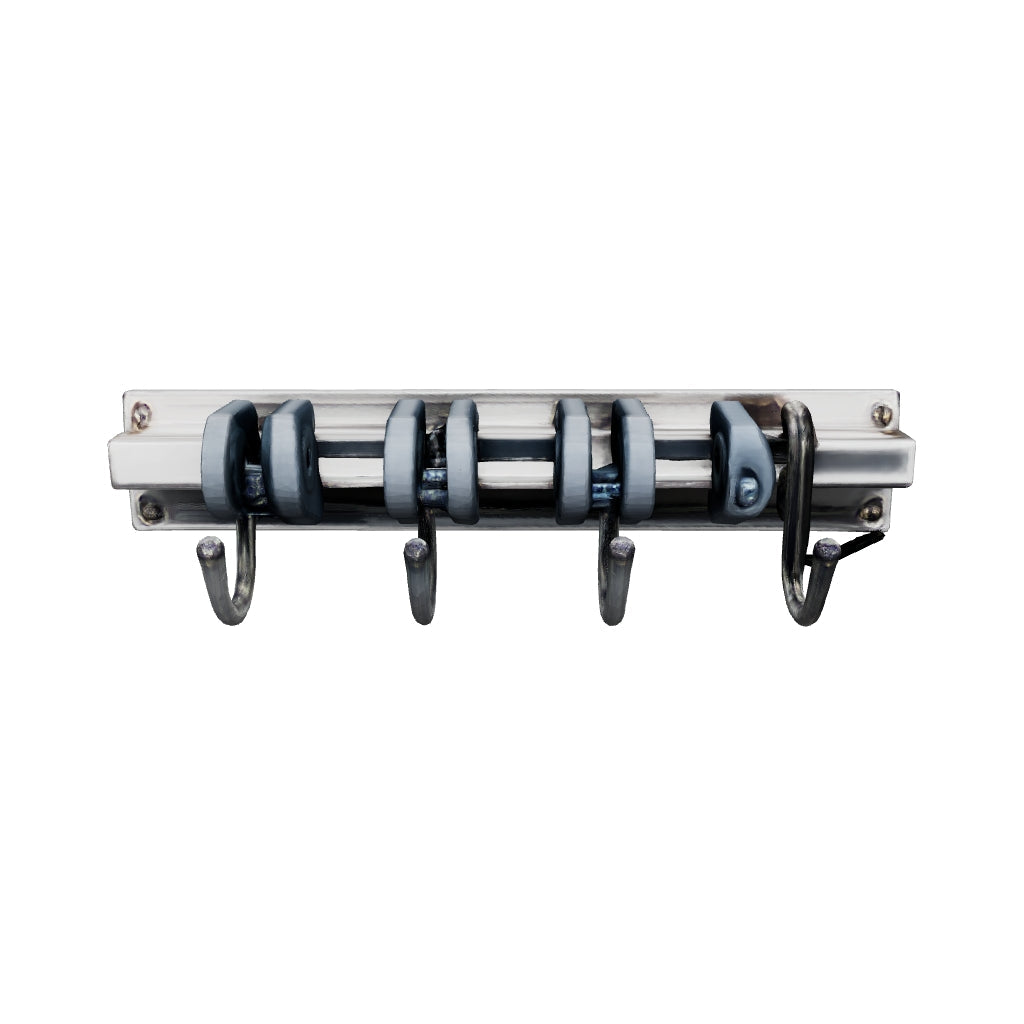 Suporte de parede em inox com ganchos para vassouras e rodos, modelo 3D para girar e ver a peça