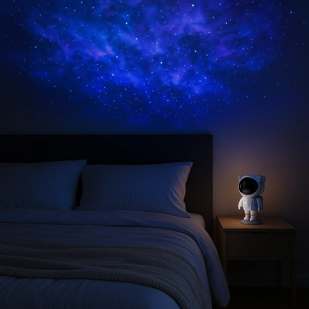 Projetor de galáxia astronauta criando projeção de estrelas e nebulosa em quarto de casal - Vittara Decor