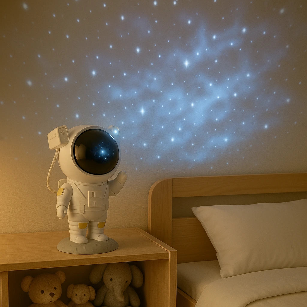 Projetor de galáxia astronauta projetando estrelas suaves em quarto infantil com atmosfera mágica - Vittara Decor