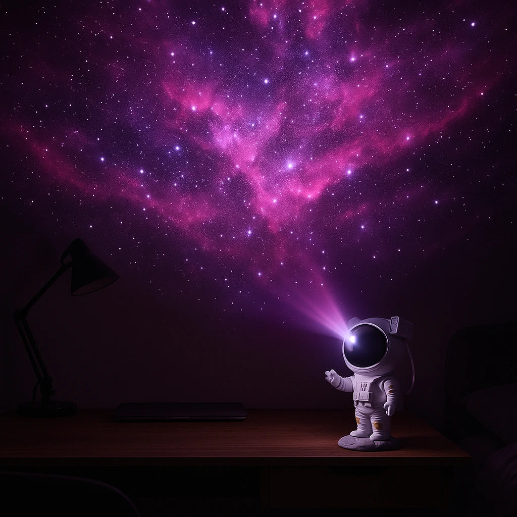 Projetor de galáxia astronauta projetando nebulosa roxa e estrelas em quarto jovem adulto - Vittara Decor