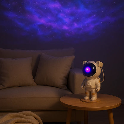 Projetor de galáxia astronauta em sala de estar noturna criando atmosfera relaxante com luz ambiente - Vittara Decor