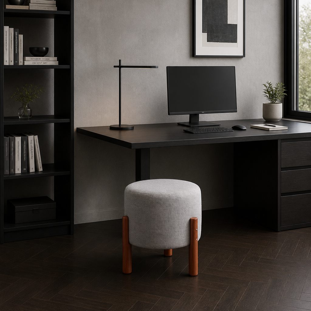 Puff Apollo Redondo em Linho com Pés de Madeira em escritório moderno - Vittara Decor