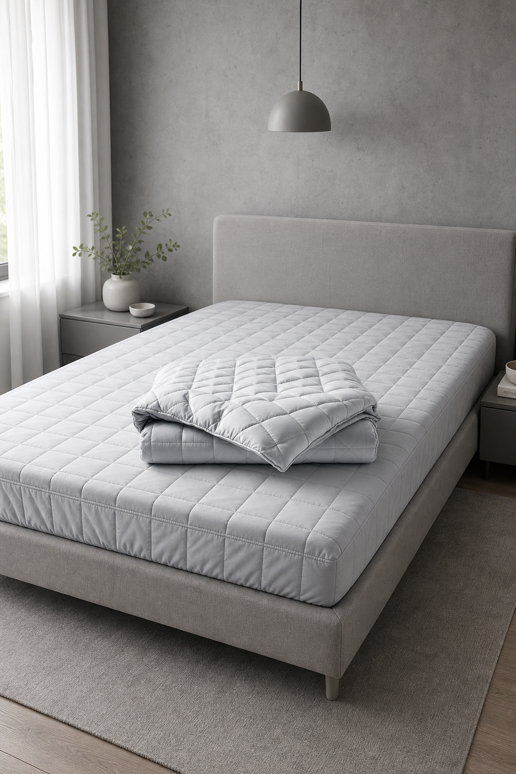 Capa para Colchao Matelada em quarto moderno cinza minimalista vista completa