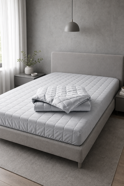 Capa para Colchao Matelada em quarto moderno cinza minimalista vista completa