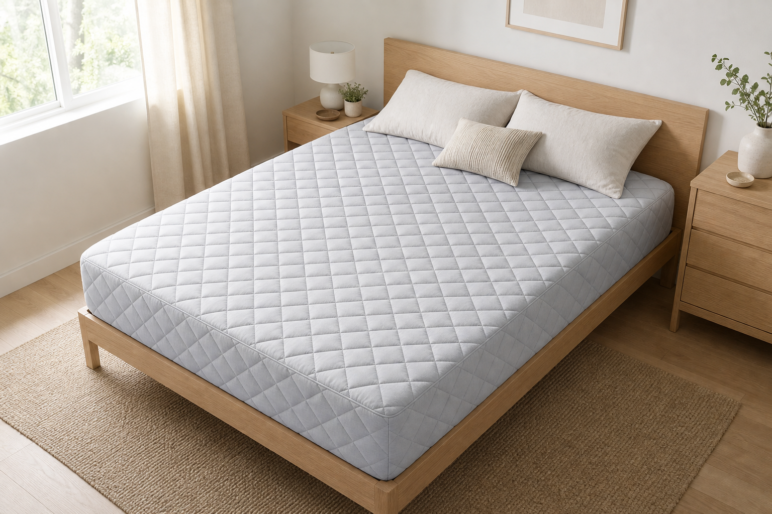 Capa para Colchao Matelada cinza em quarto escandinavo madeira natural luz matinal