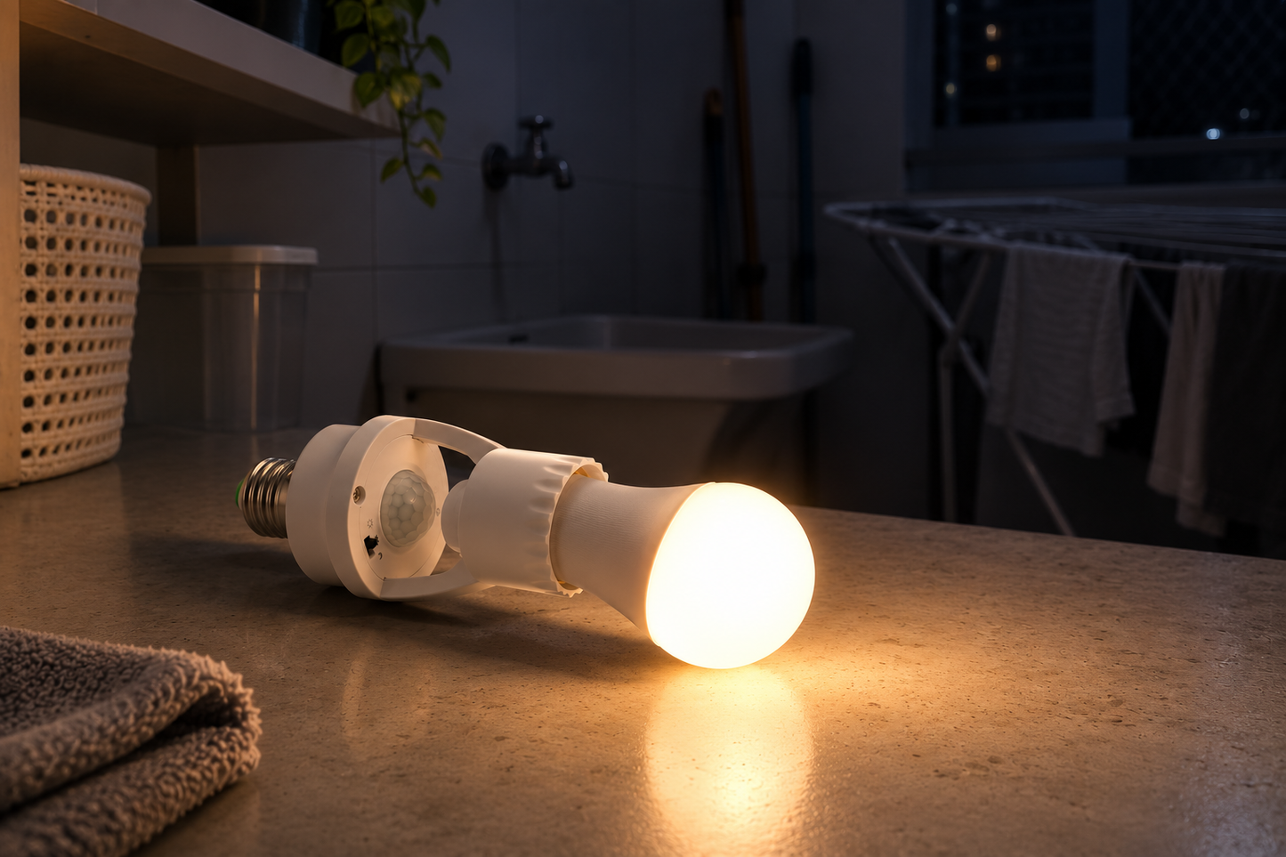 Sensor de presença iluminando a área de serviço à noite - Vittara Decor