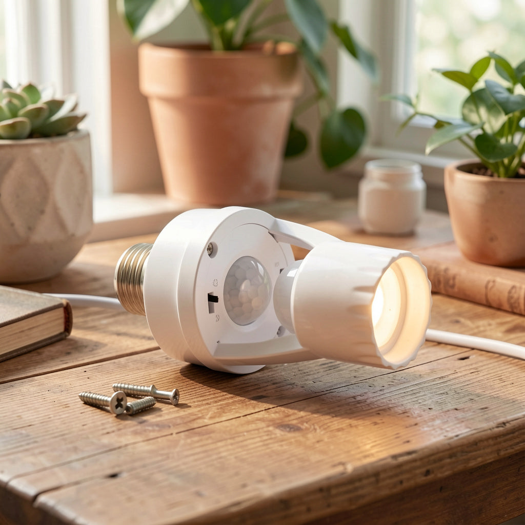 Sensor de presença E27 sobre mesa de madeira com luz natural - Vittara Decor