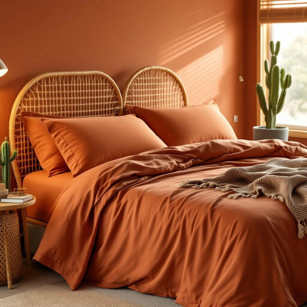 Conjunto de Cama Sleep Luxury laranja terracotta em quarto boho
