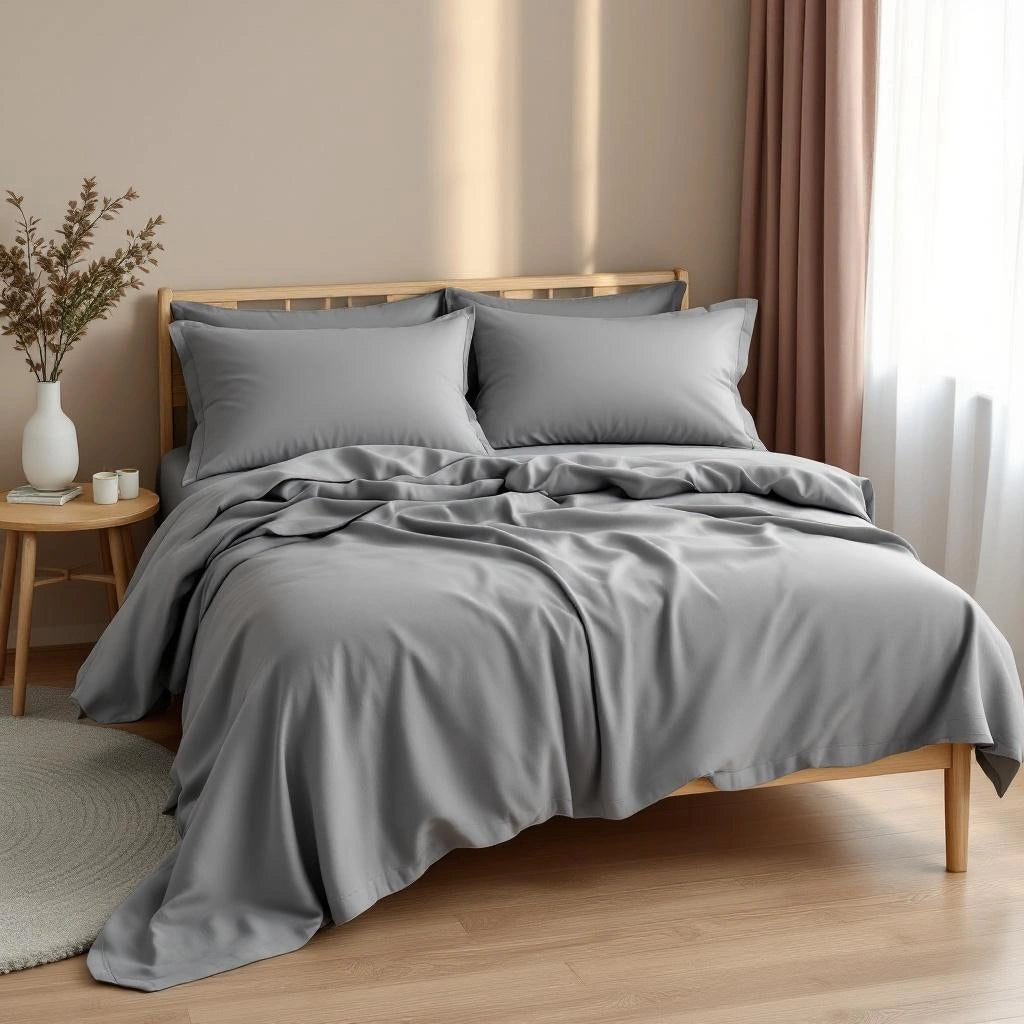 Conjunto de Cama Sleep Luxury cinza em quarto casal estilo japandi