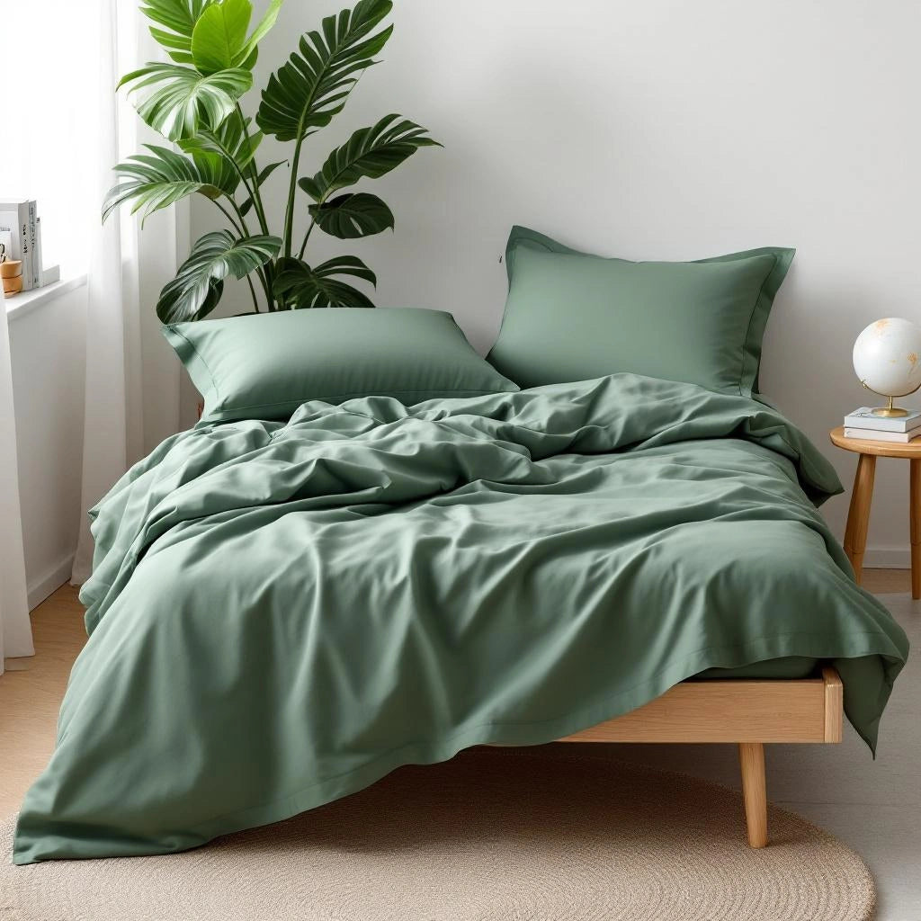 Conjunto de Cama Sleep Luxury verde em quarto escandinavo com planta
