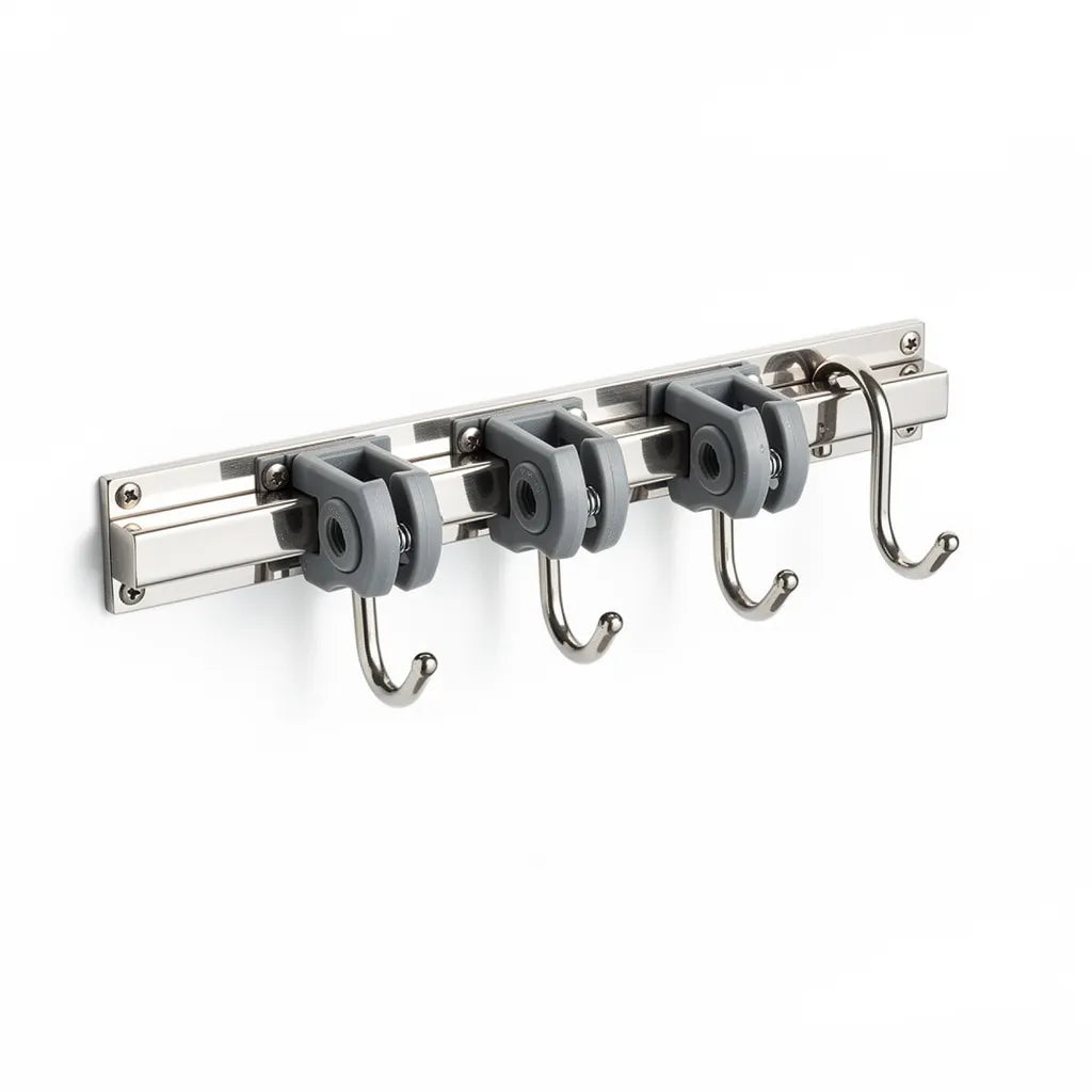 Suporte para vassouras em inox 1 unidade trilho 38cm com 3 clamps cinza e 4 ganchos J fundo branco - Vittara Decor