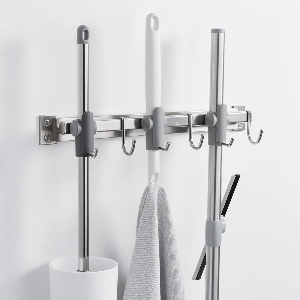 Suporte para vassouras inox montado em banheiro com azulejo branco com rodo escova e vassoura organizados - Vittara Decor