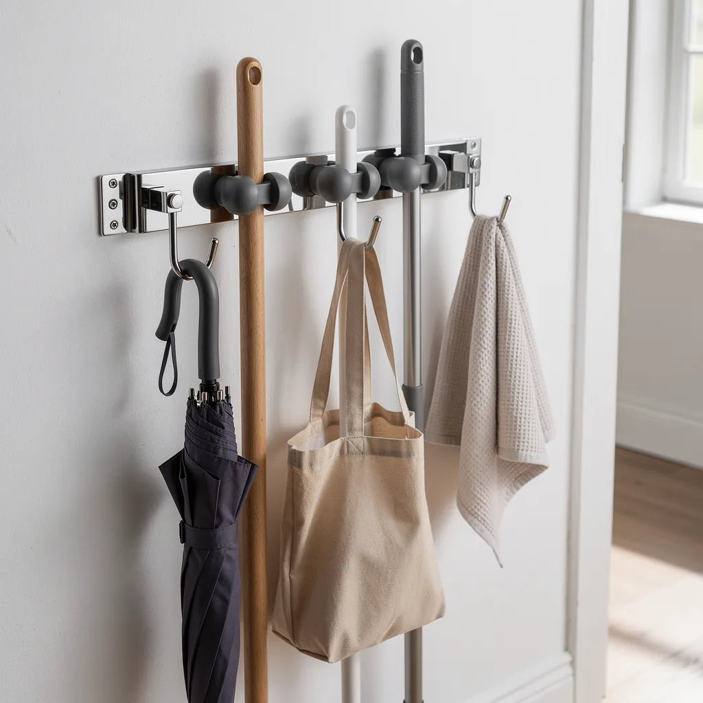 Ganchos J do suporte inox para vassouras pendurados com toalha guarda-chuva e sacola reutilizável - Vittara Decor
