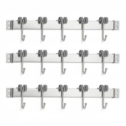 Kit 3 unidades suporte para vassouras inox três trilhos idênticos empilhados fundo branco - Vittara Decor