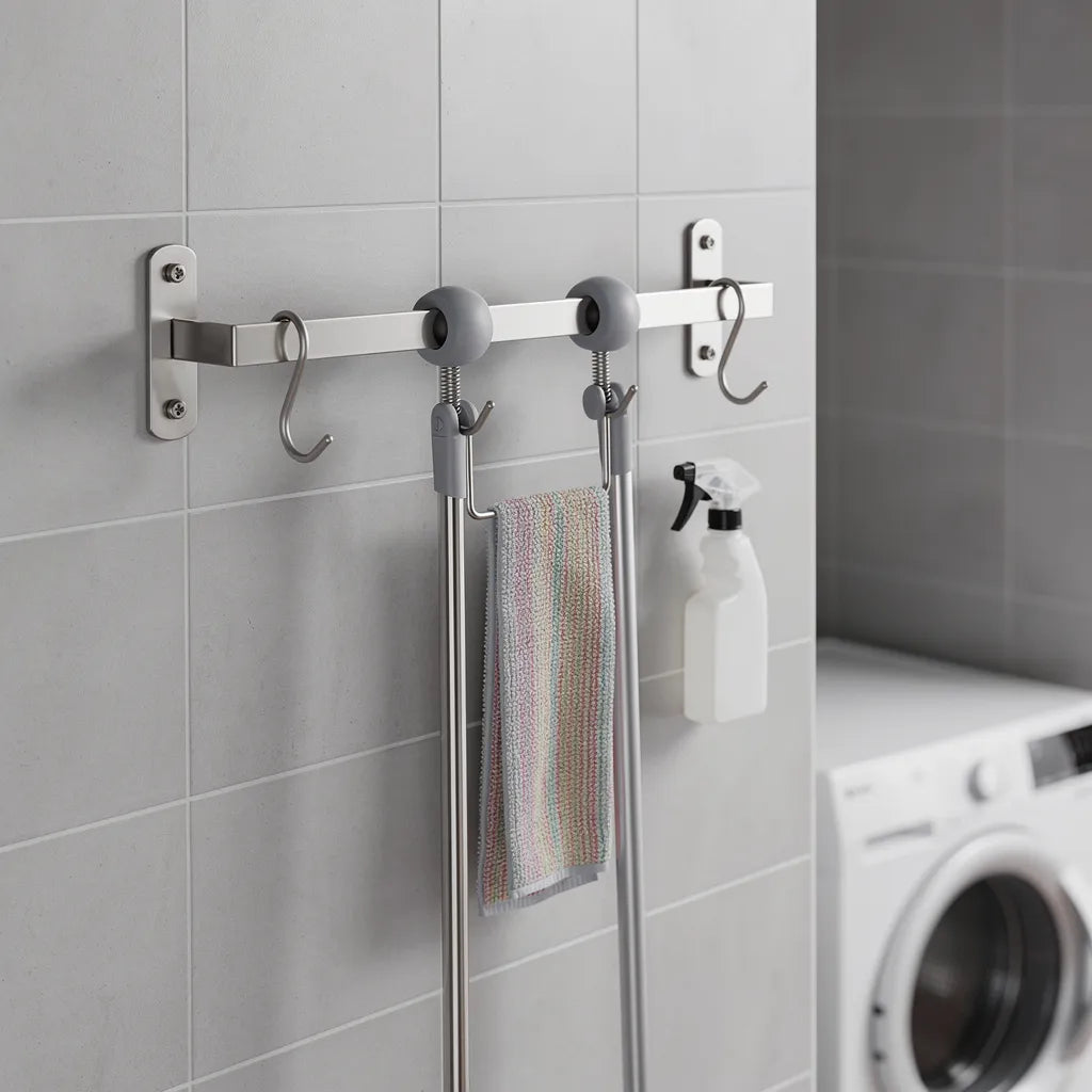 Suporte inox para vassouras montado em lavanderia com ferramentas de limpeza organizadas verticalmente - Vittara Decor
