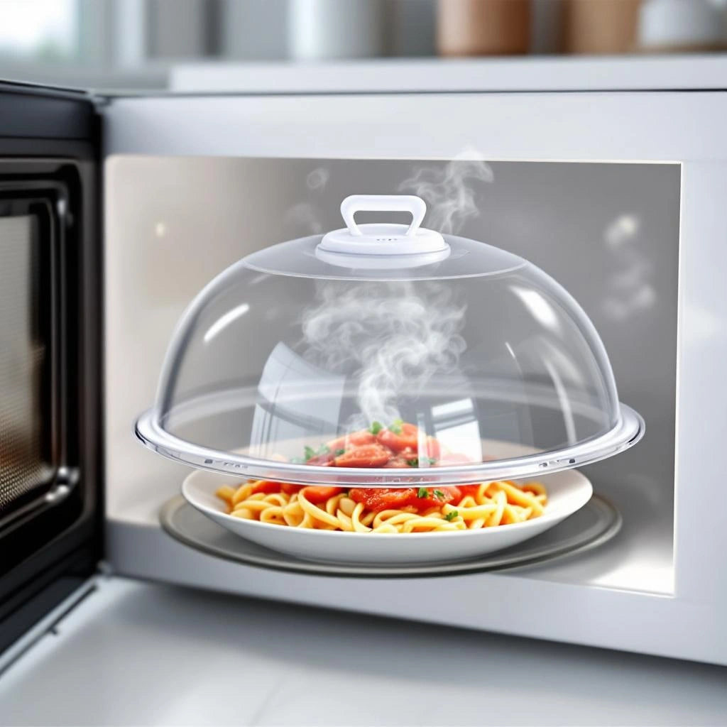 Tampa anti-respingos para micro-ondas cobrindo prato com alimento - Vittara Decor