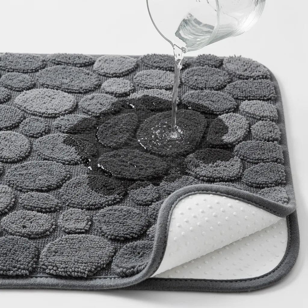 Água sendo derramada sobre o tapete antiderrapante em algodão cinza escuro mostrando a absorção imediata nas fibras de algodão - Vittara Decor
