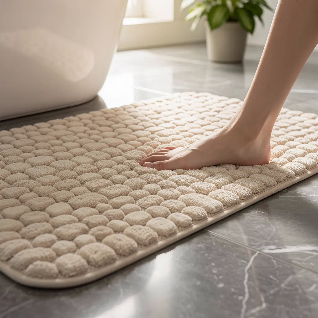 Tapete antiderrapante absorvente bege em algodão com padrão seixos em relevo e pé pisando na textura macia em banheiro claro - Vittara Decor