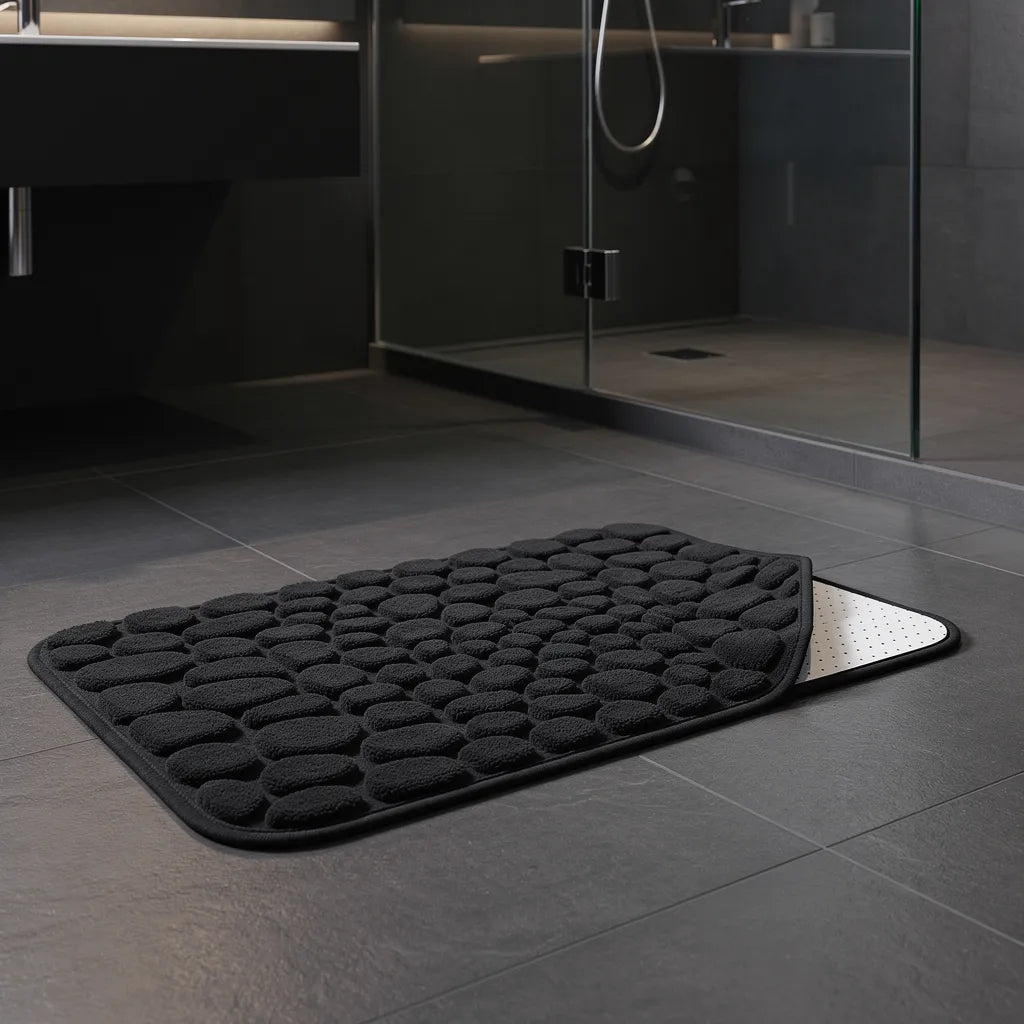 Tapete antiderrapante absorvente preto em algodão em banheiro moderno com piso escuro e box de vidro - Vittara Decor